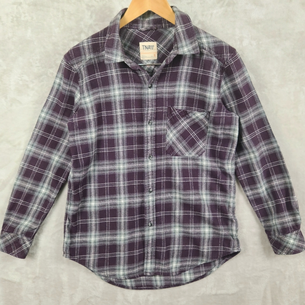 Aritzia TNA Womans Plaid Shirt Size S 100% Cotton Purple Gray White Streetwear